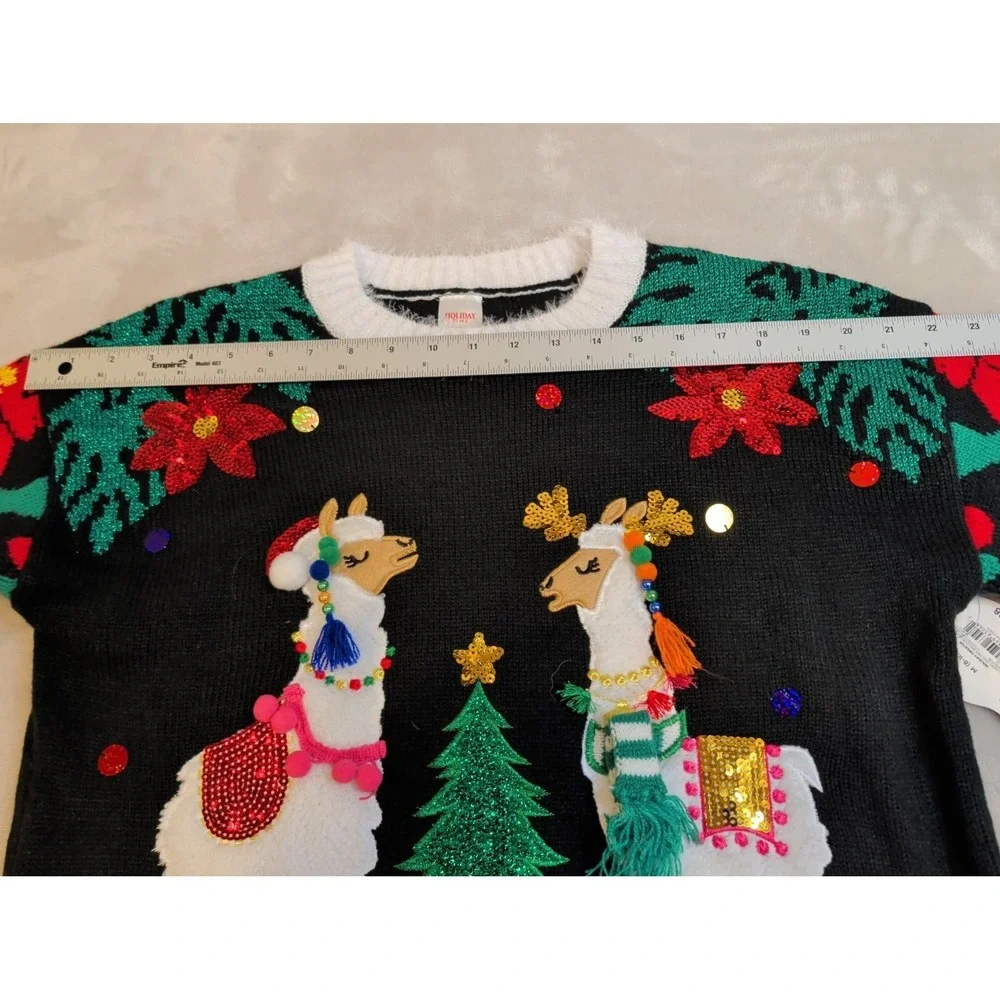 Holiday Time Llama Christmas Sweater‎ M 8-10 Black 3D Sequin Ugly Festive